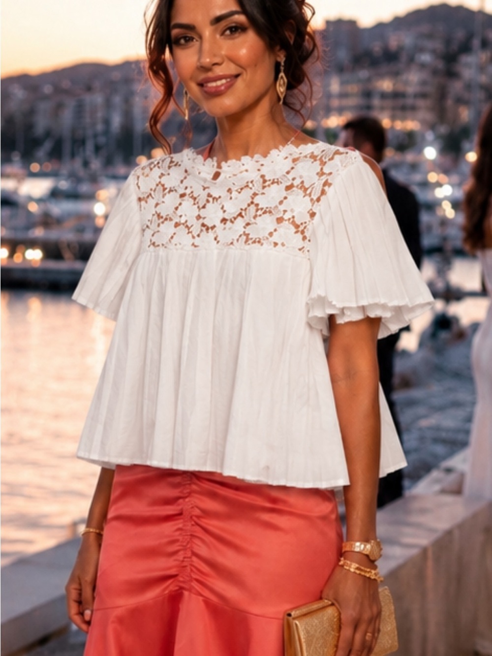 Women’s White Lace Pleated Fluffy Sleeve Top